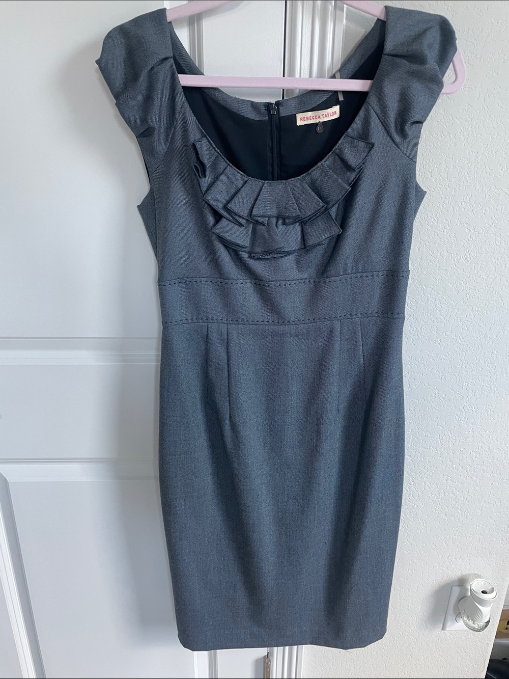 Rebecca Taylor gray/navy Ruffle-Neck Midi Sheath Dress